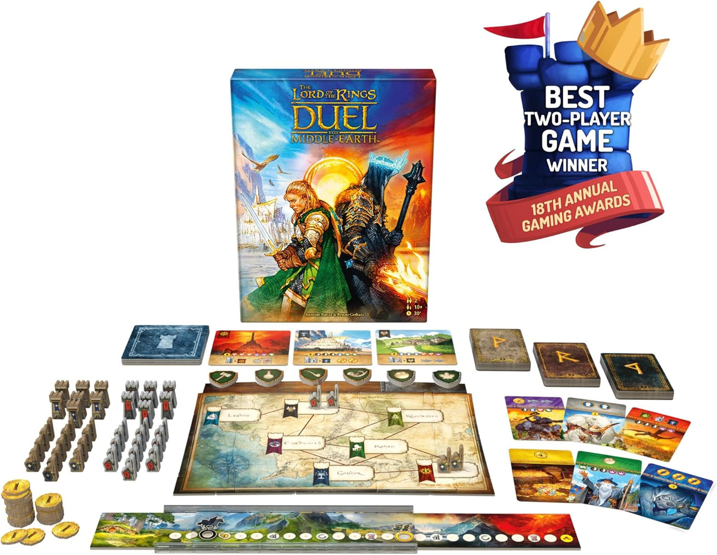 Board game set with 'Lord of the Rings Duel' packaging and components on a white background.