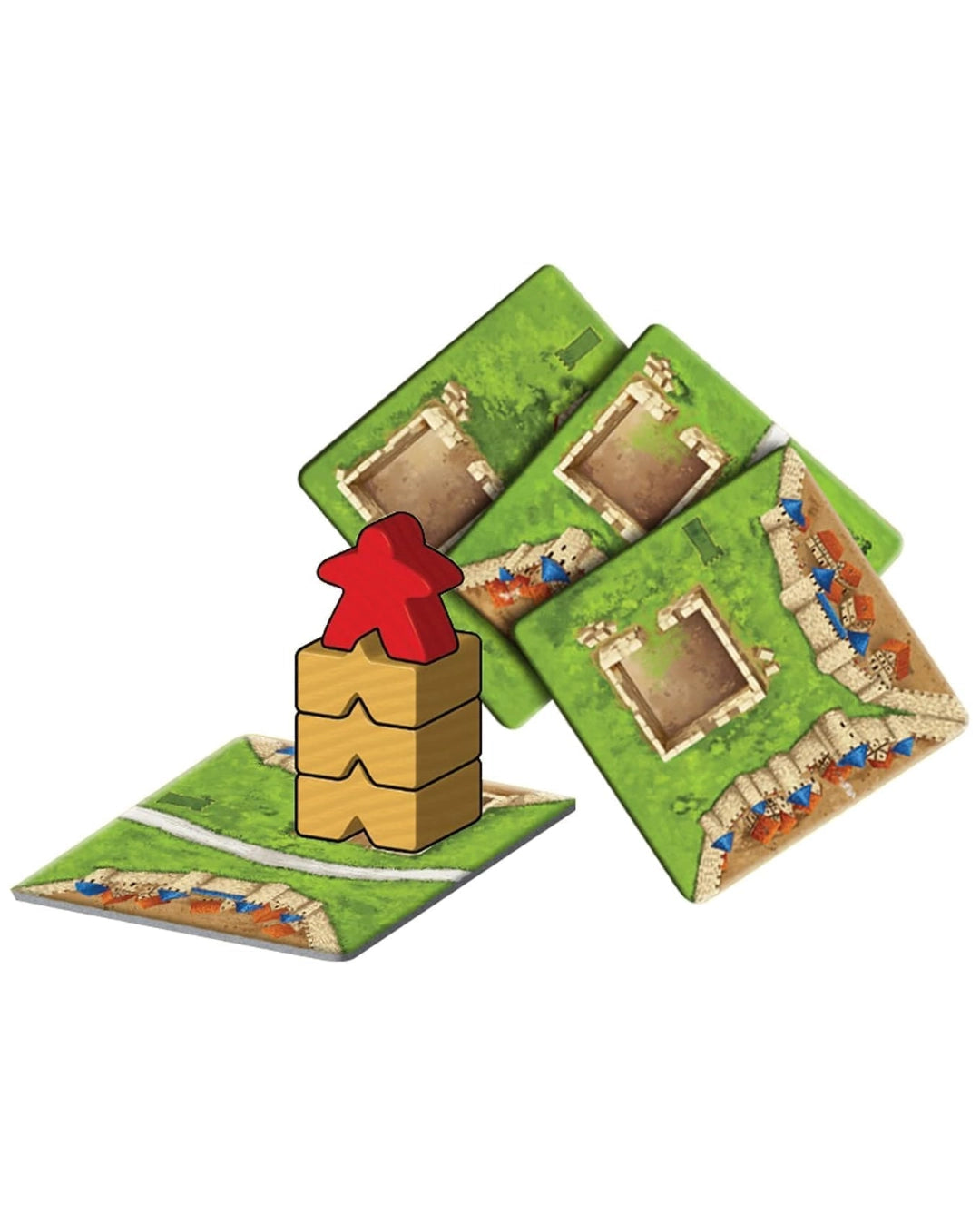 A set of green fantasy terrain tiles with stone ruins and blue river details, from the board game Carcassonne: The Tower, arranged on a white background.