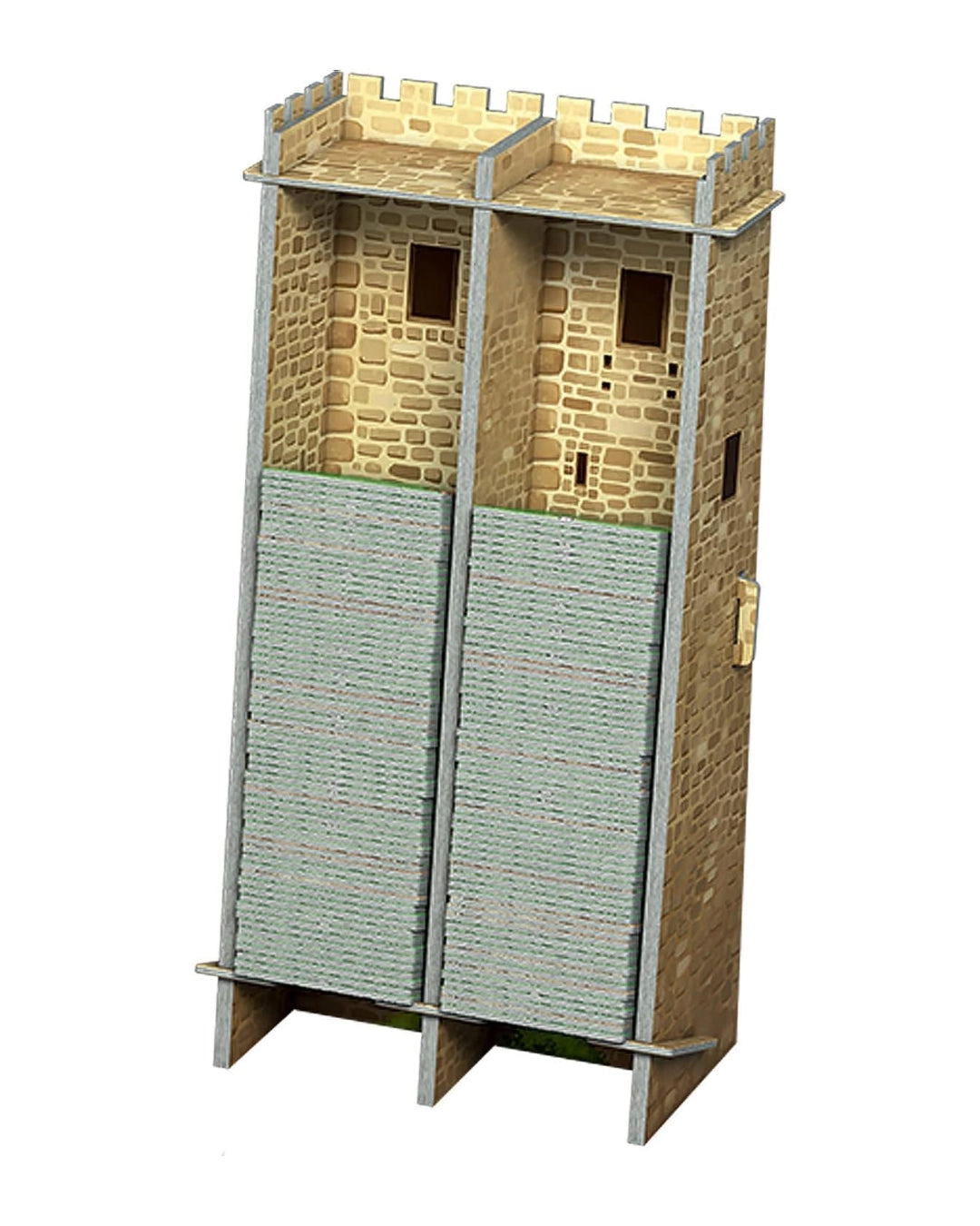 A miniature model of a medieval stone tower from the board game Carcassonne: The Tower, with textured beige and brown stone walls, grey crenellated battlements, and light blue-grey wooden gates, shown on a plain white background.