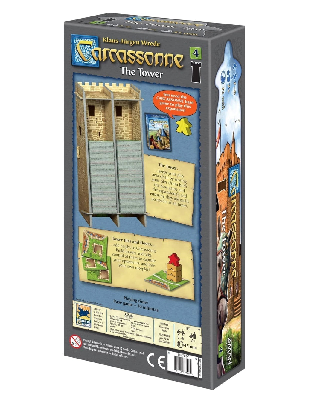 Box packaging for the board game Carcassonne: The Tower, shown at a three-quarter angle against a plain white background.