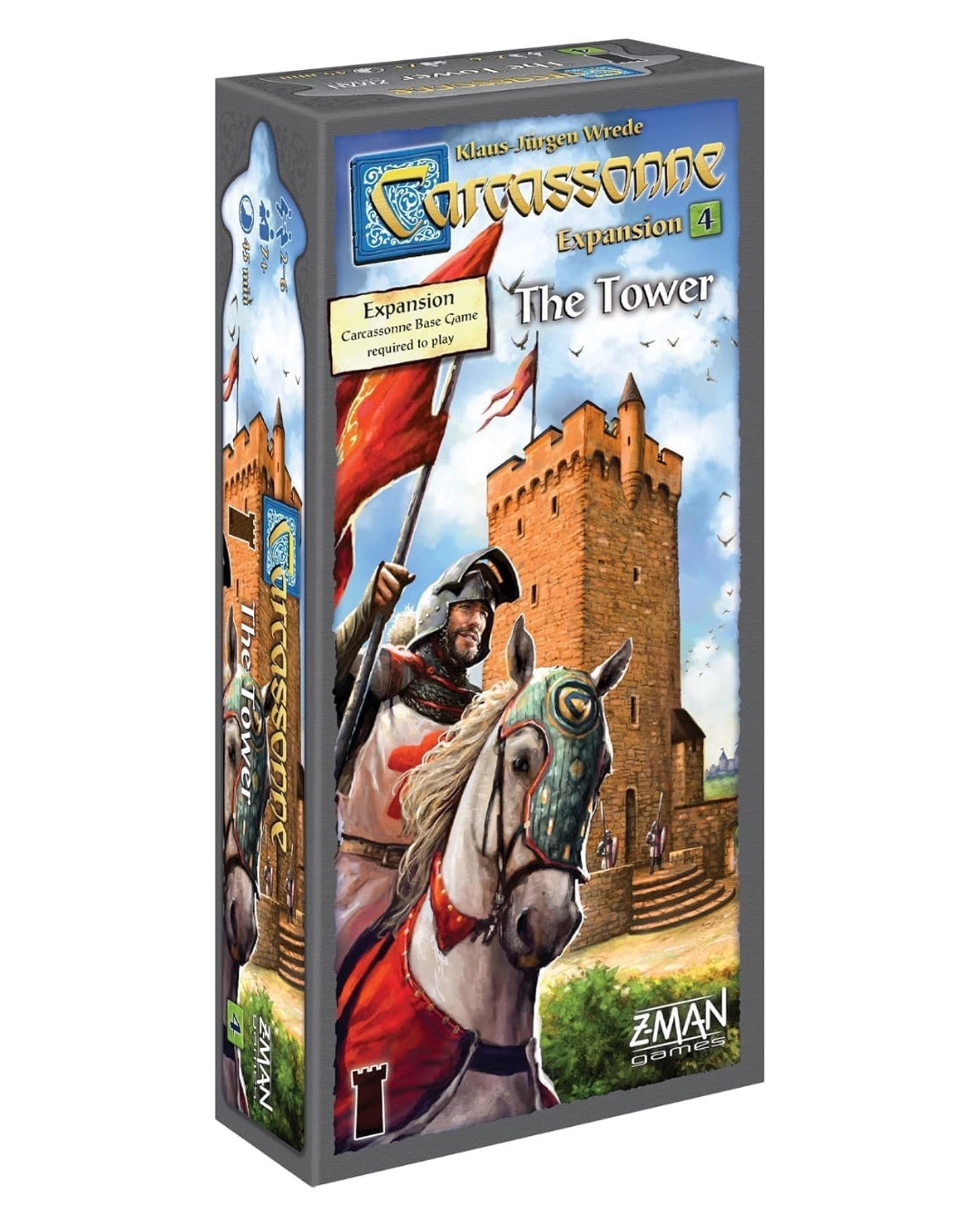 The product image shows the box for 'Carcassonne: The Tower', featuring an illustration of a medieval castle tower with a knight on a horse, suggesting a fantasy-strategy theme and Z-Man Games branding.