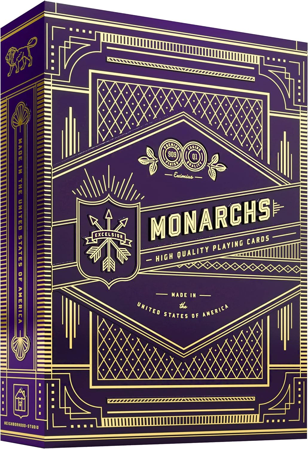 Playing card box with 'Monarchs' branding on a purple and gold design