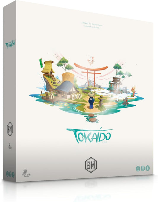 Board game box for 'Tokaido' with a scenic illustration on a white background