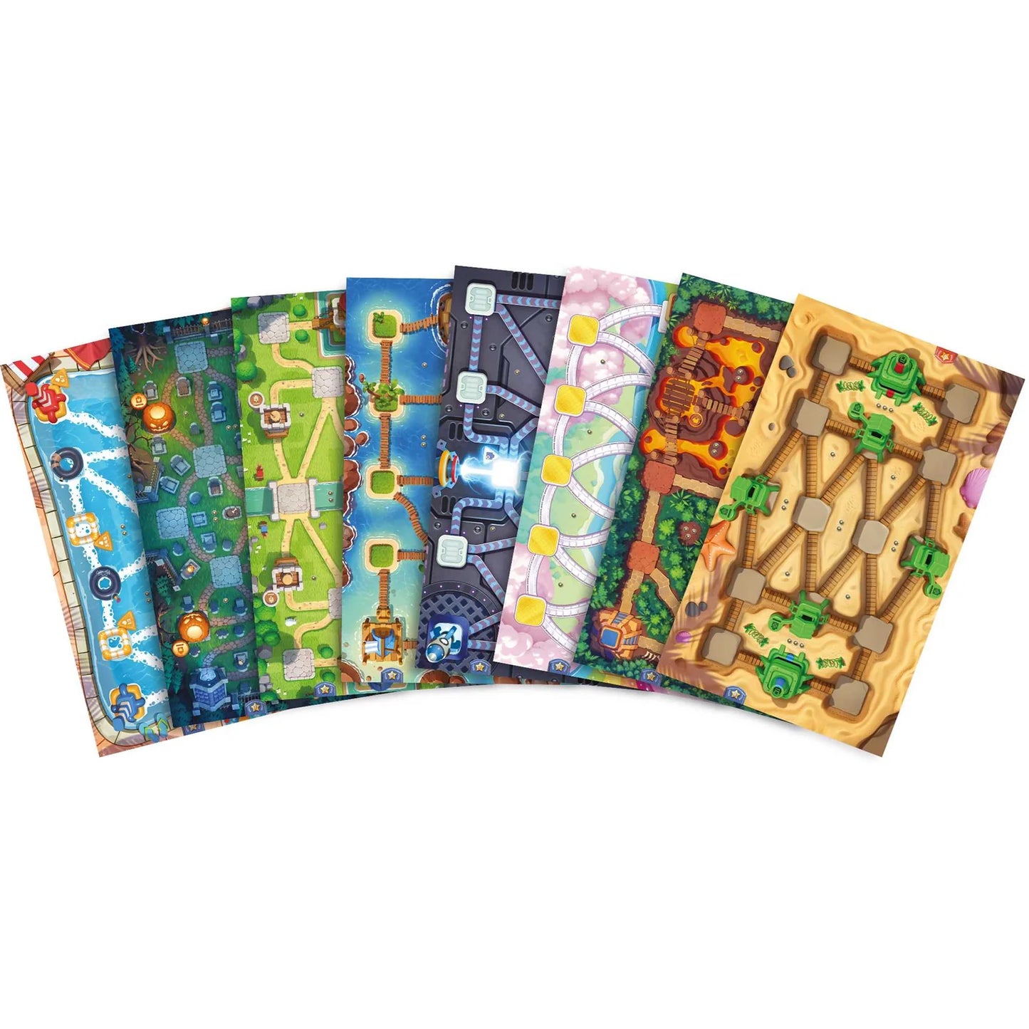 Set of colourful game boards with various designs on a white background