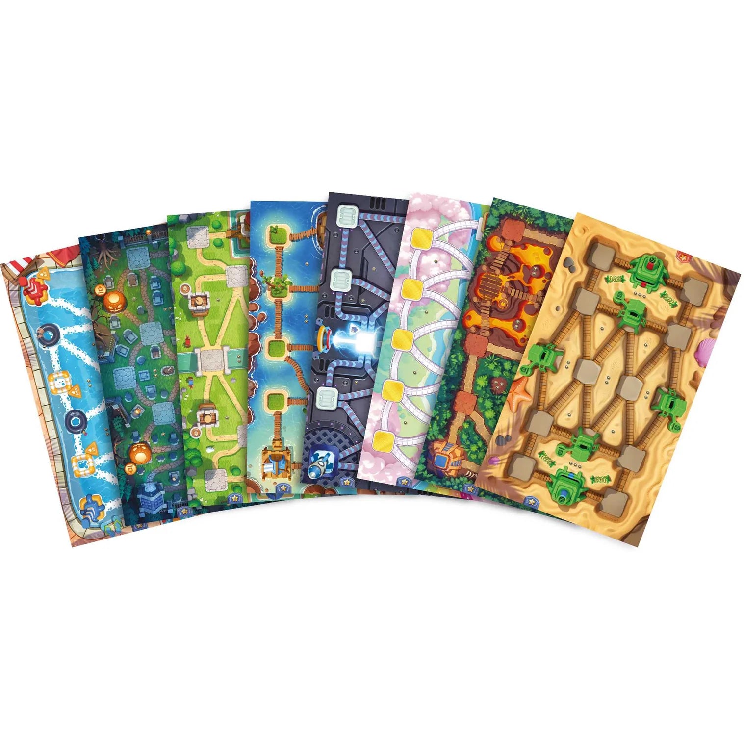 Set of colourful game boards with various designs on a white background