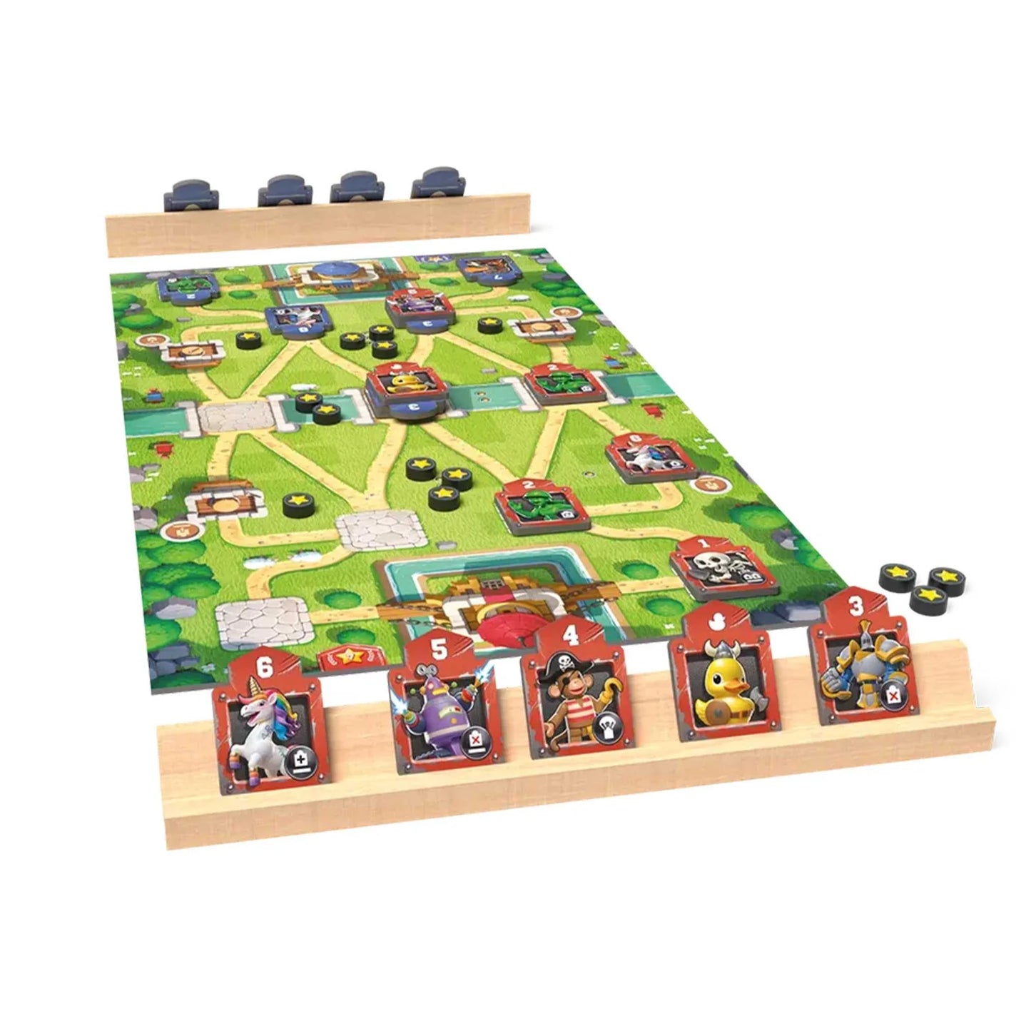 Toy Battle board game setup with cards and pieces on a green playing field