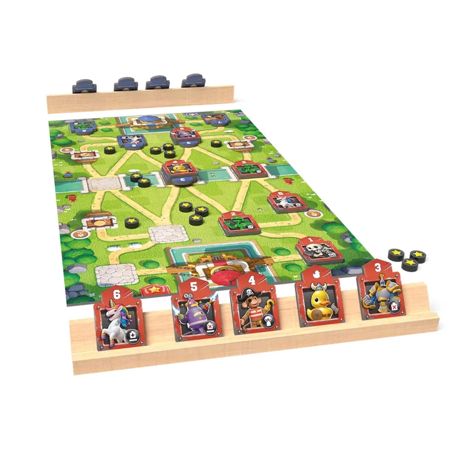 Toy Battle board game setup with cards and pieces on a green playing field
