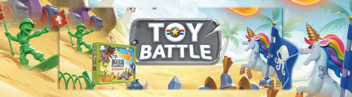 Toy Battle Board Game promotional banner with various toys and a central 'Toy Battle' sign.