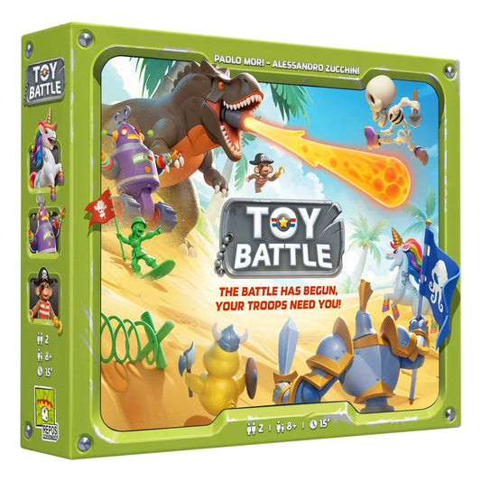 Toy Battle game box with colorful illustrations of toy figures and a dinosaur-like creature on a white background.