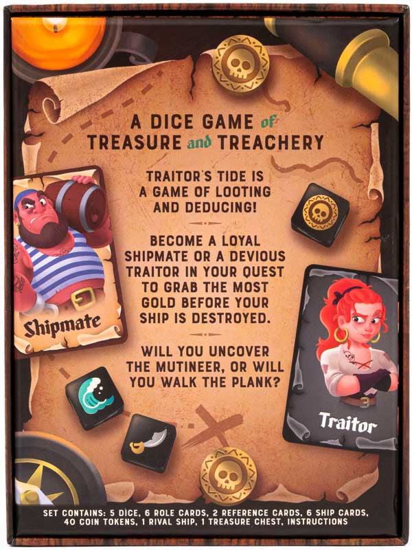 Traitor tide dice game back of box with images of Shipmate and Traitor