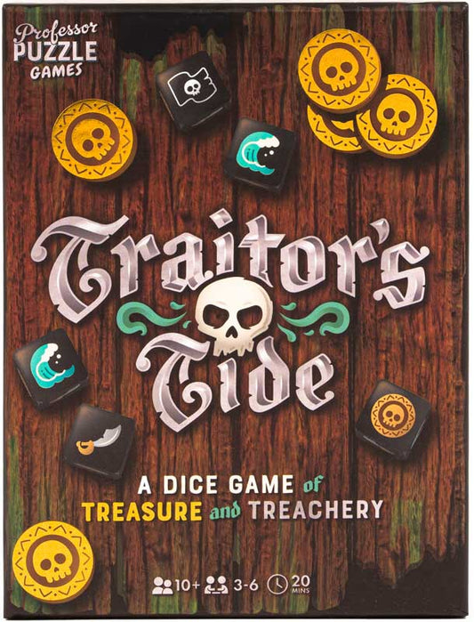 Traitor tide dice game box cover with skulls on a wooden background
