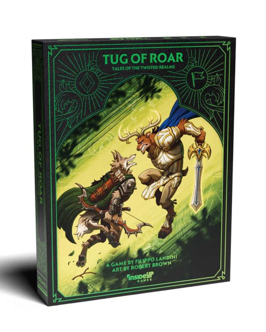 Tug of Roar tabletop gaming box by InsideUp Games, featuring fantasy artwork of a horned warrior and a wolf-like rider on a bright yellow-green background with dark green border details.
