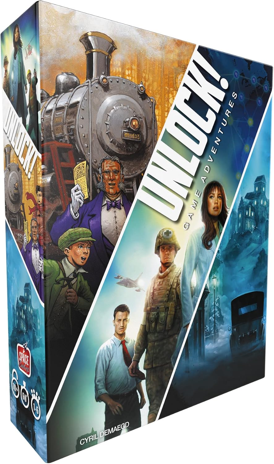 Board game titled 'Unlock! 10: Game Adventures' featuring illustrations of characters and settings from the game scenarios, including a train, a haunted mansion, and a disease control team.