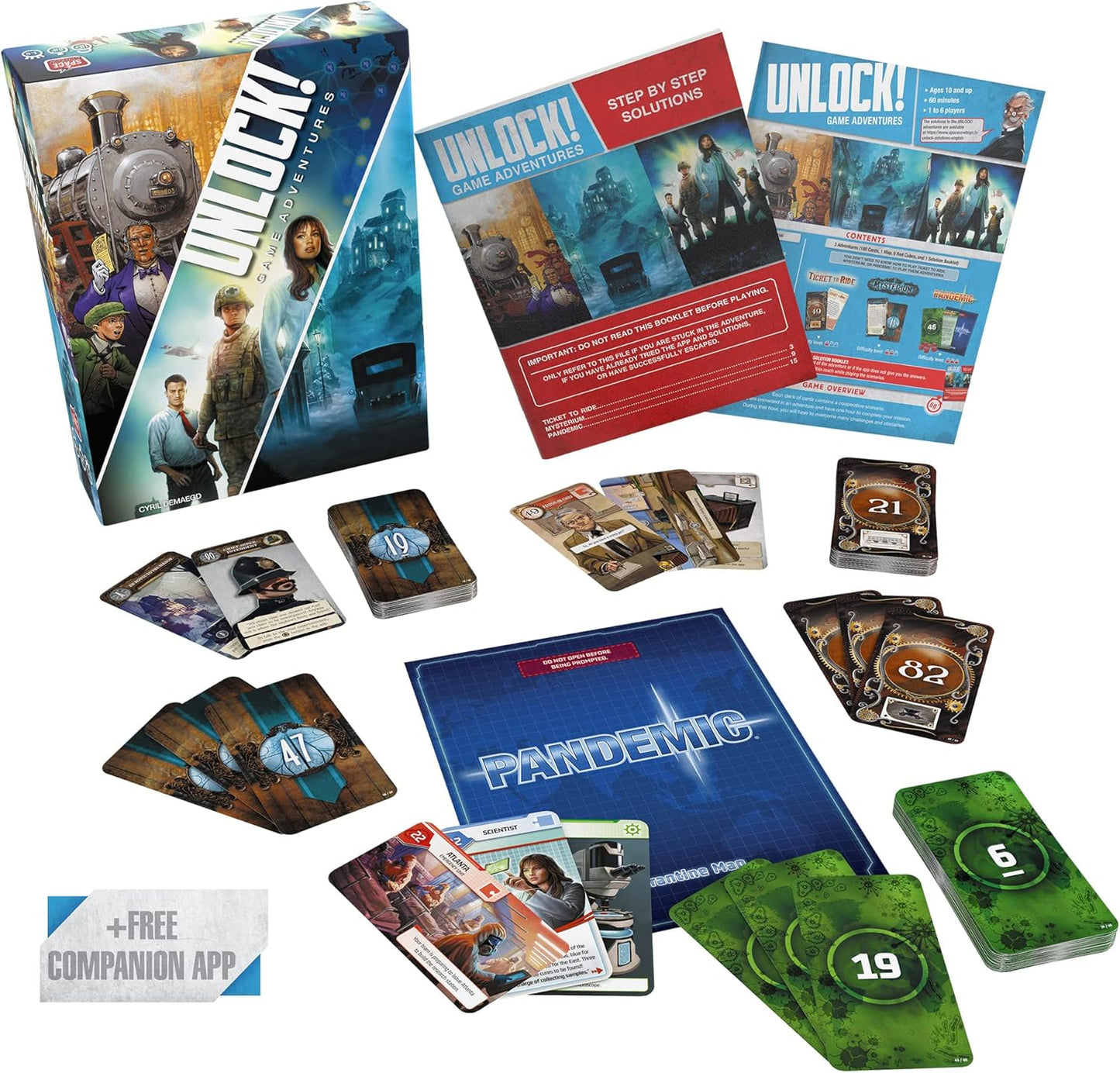 Pandemic scenario for Unlock Game Adventures with components including cards and rulebook on a white background