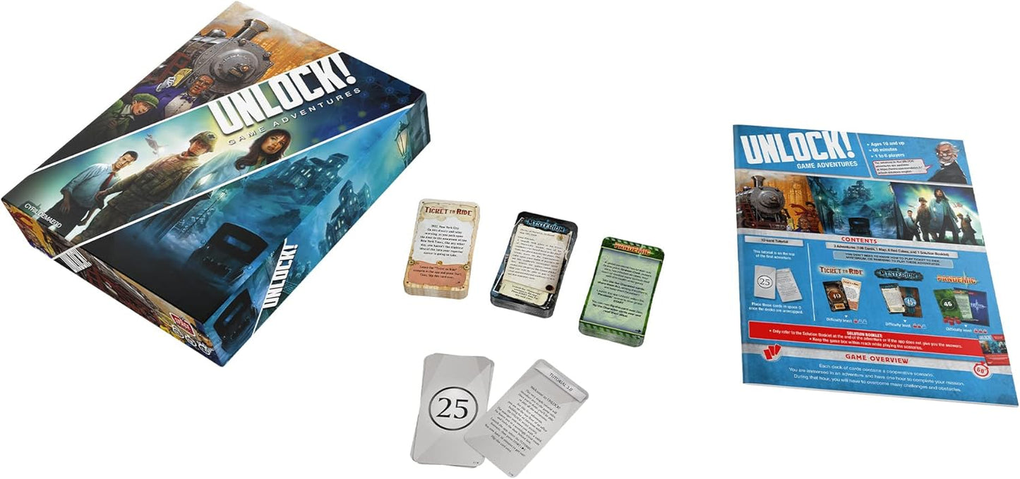 Board game 'Unlock!' with packaging, cards, and components on a white background