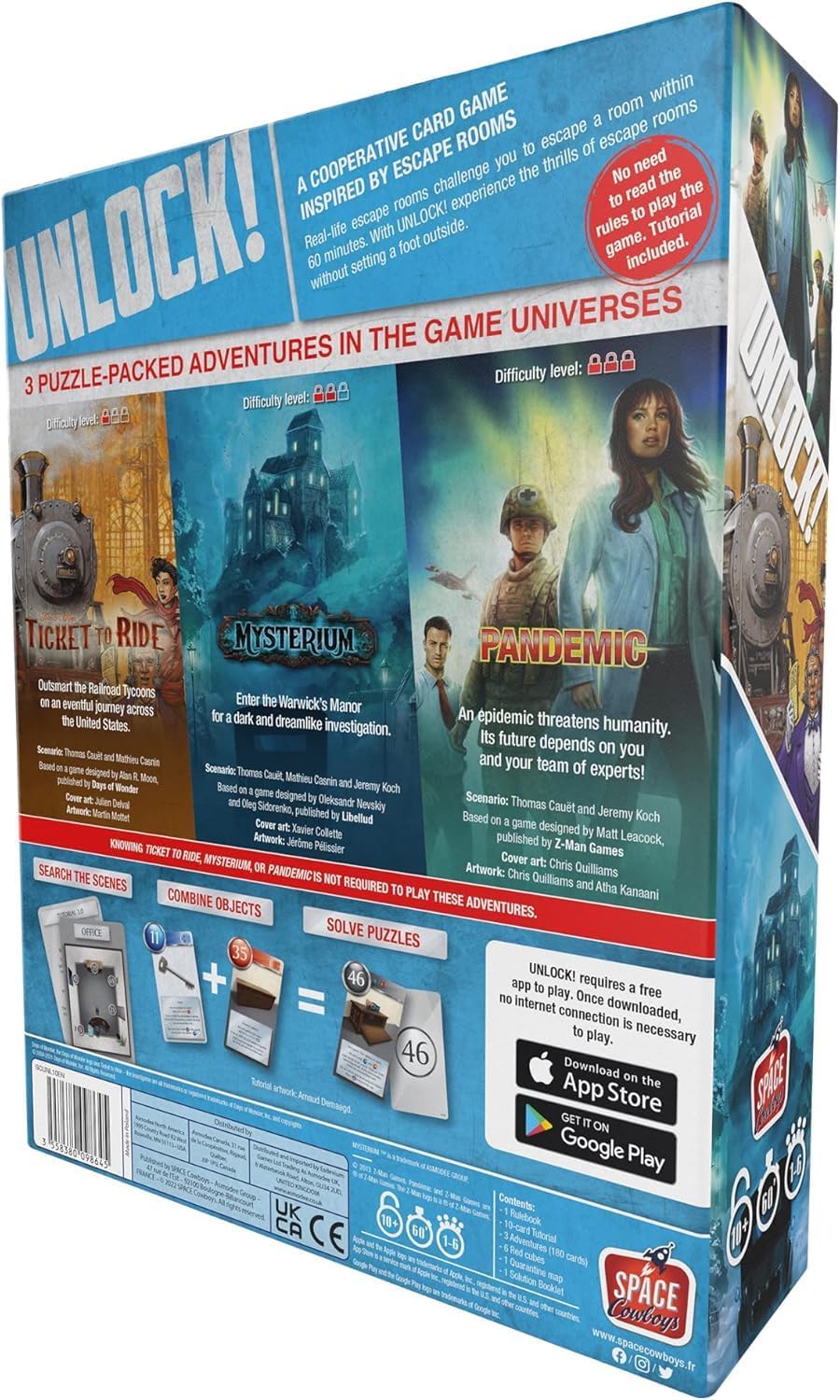 Box of 'Unlock!' cooperative card game featuring 'Ticket to Ride', 'Mystery Room', and 'Pandemic' scenario games.