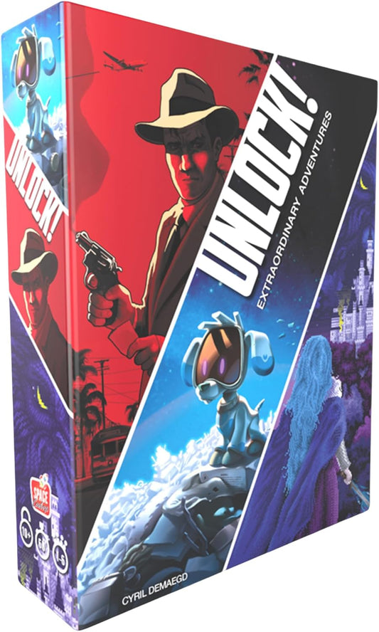 A boxed board game titled 'Unlock! Extraordinary Adventures features cover art with a character in a fedora hat, a Hollywood sign, and a robot on an alien planet.