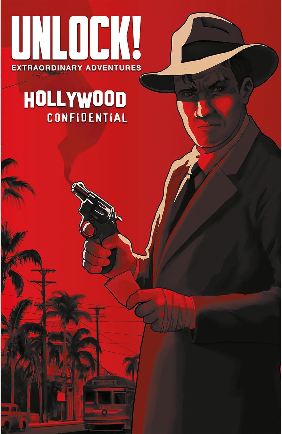 Man holding a gun with palm trees and a cityscape in the background, against a red backdrop with text.