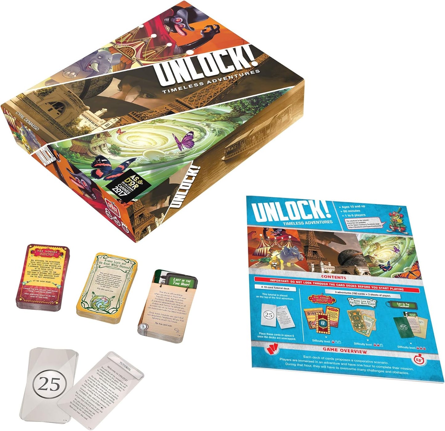 Unlock! board game packaging with cards and game overview sheet on a white background