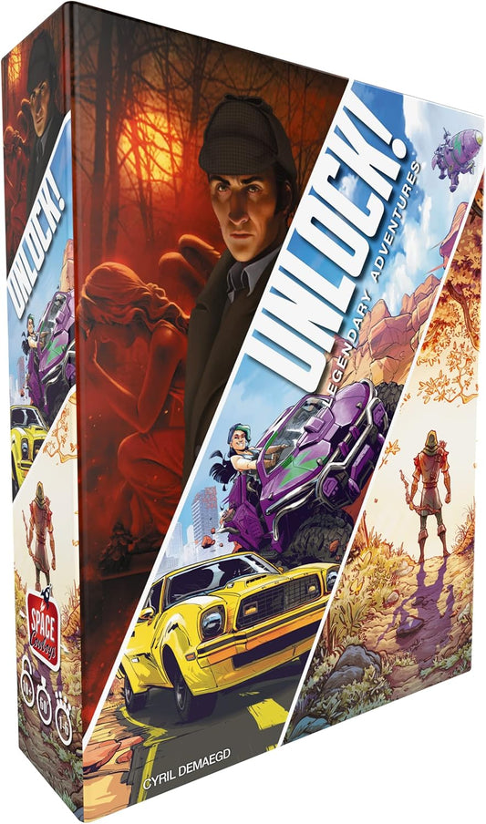 Box for a board game featuring characters and vehicles with a detective theme.