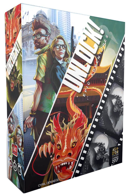 Unlock! Epic Adventures card game box with characters and dragon illustration on a white background