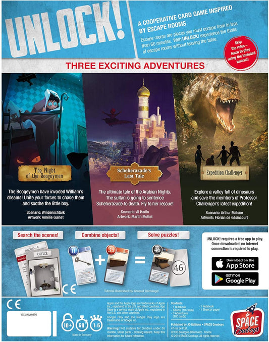 Promotional graphic for 'Unlock!' a cooperative card game inspired by escape rooms, featuring three adventure scenarios.