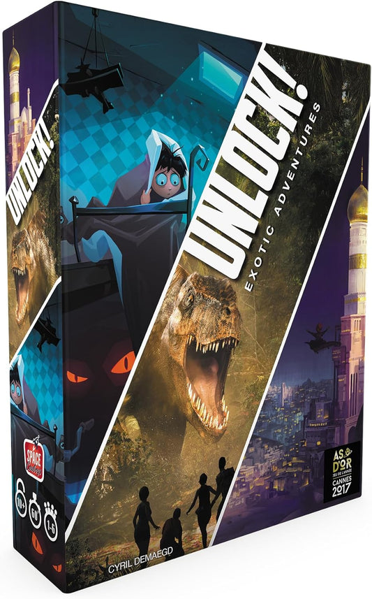 Board game box titled 'Unlock! Exotic Adventures, with illustrations of a dinosaur, a cityscape, and a monster under the bed. on a grey background