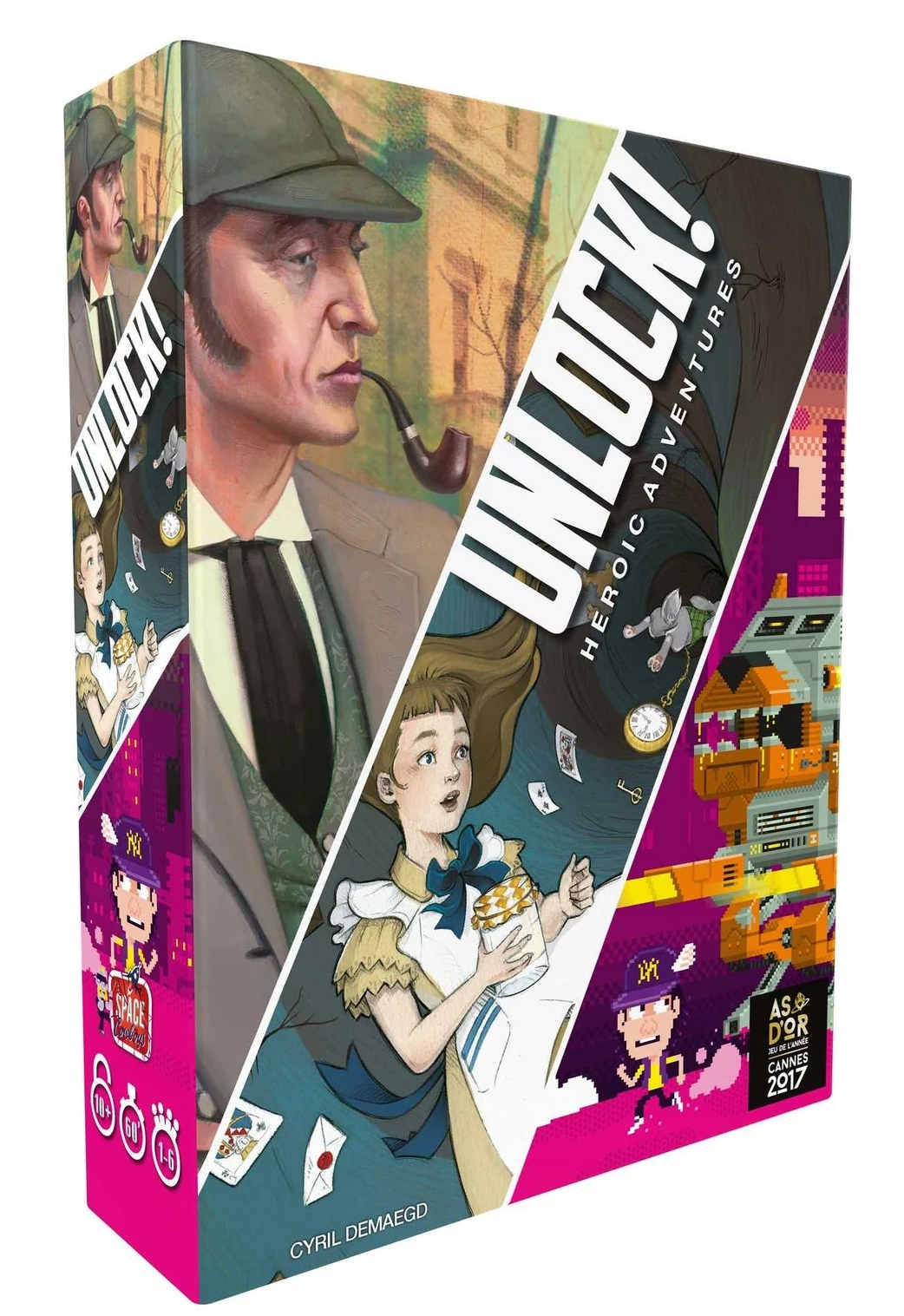 Board game box titled Unlock! Heroic Adventures with colourful illustrations on a white background