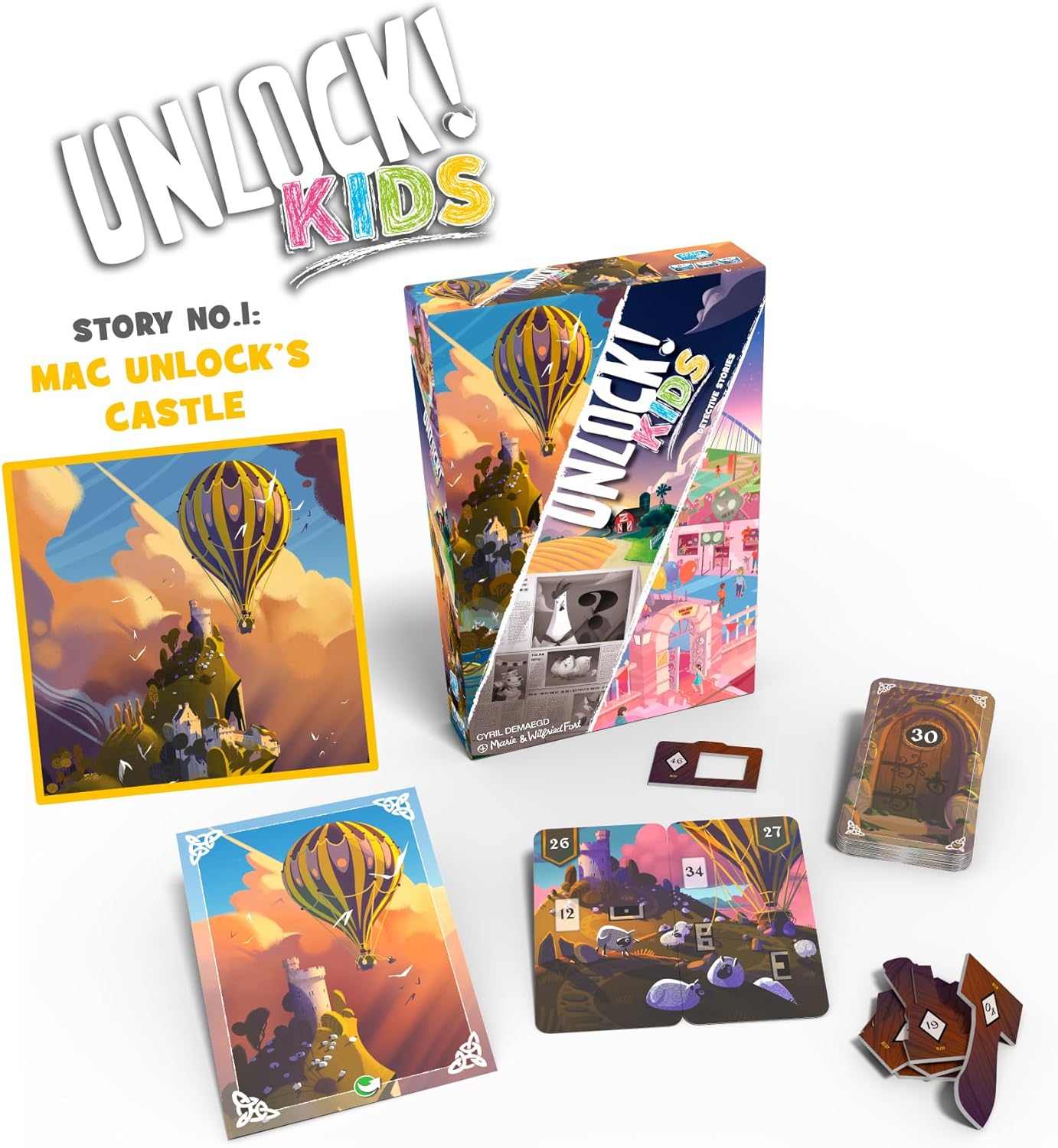 Unlock! Kids game set with colourful cards and box on a white background