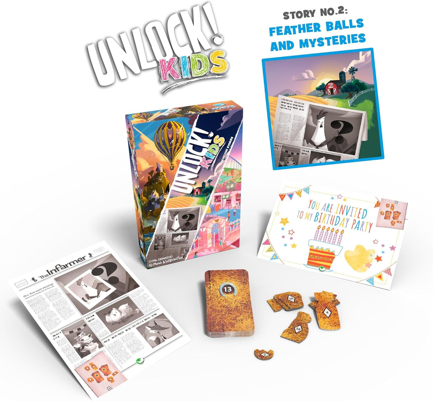 Unlock! Kids educational game packaging with cards and pieces on a white background