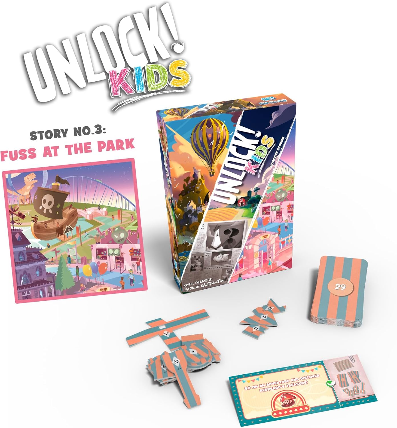 Unlock! Kids educational game with colorful packaging and pieces on a white background