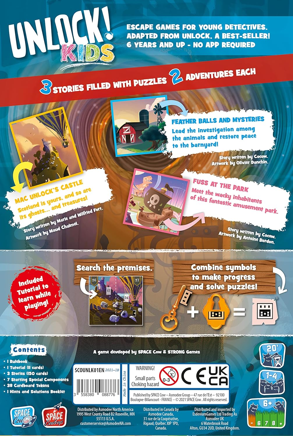 Back cover of 'Unlock! Kids' game packaging with colorful illustrations and text.