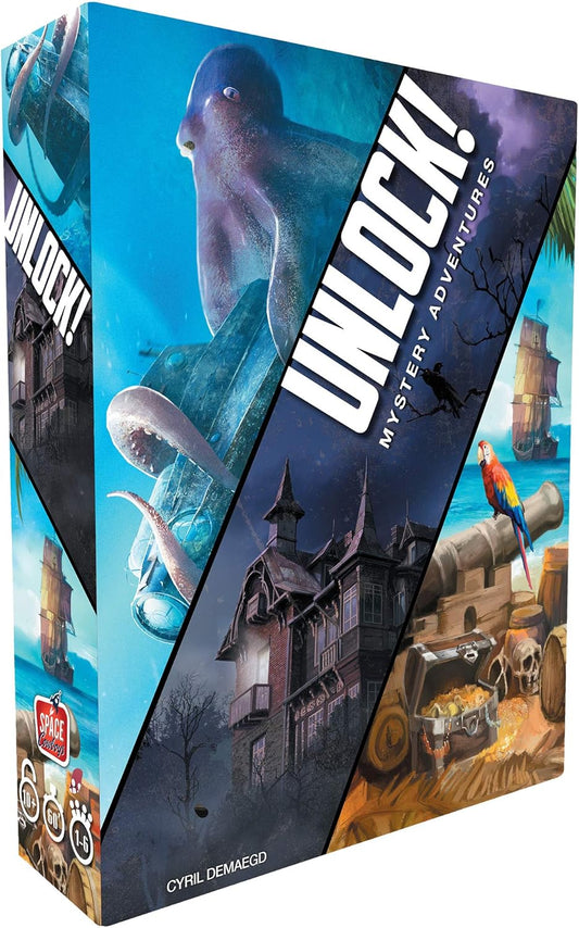 Board game box titled Unlock! Mystery Adventures with an octopus and pirate ship illustration.