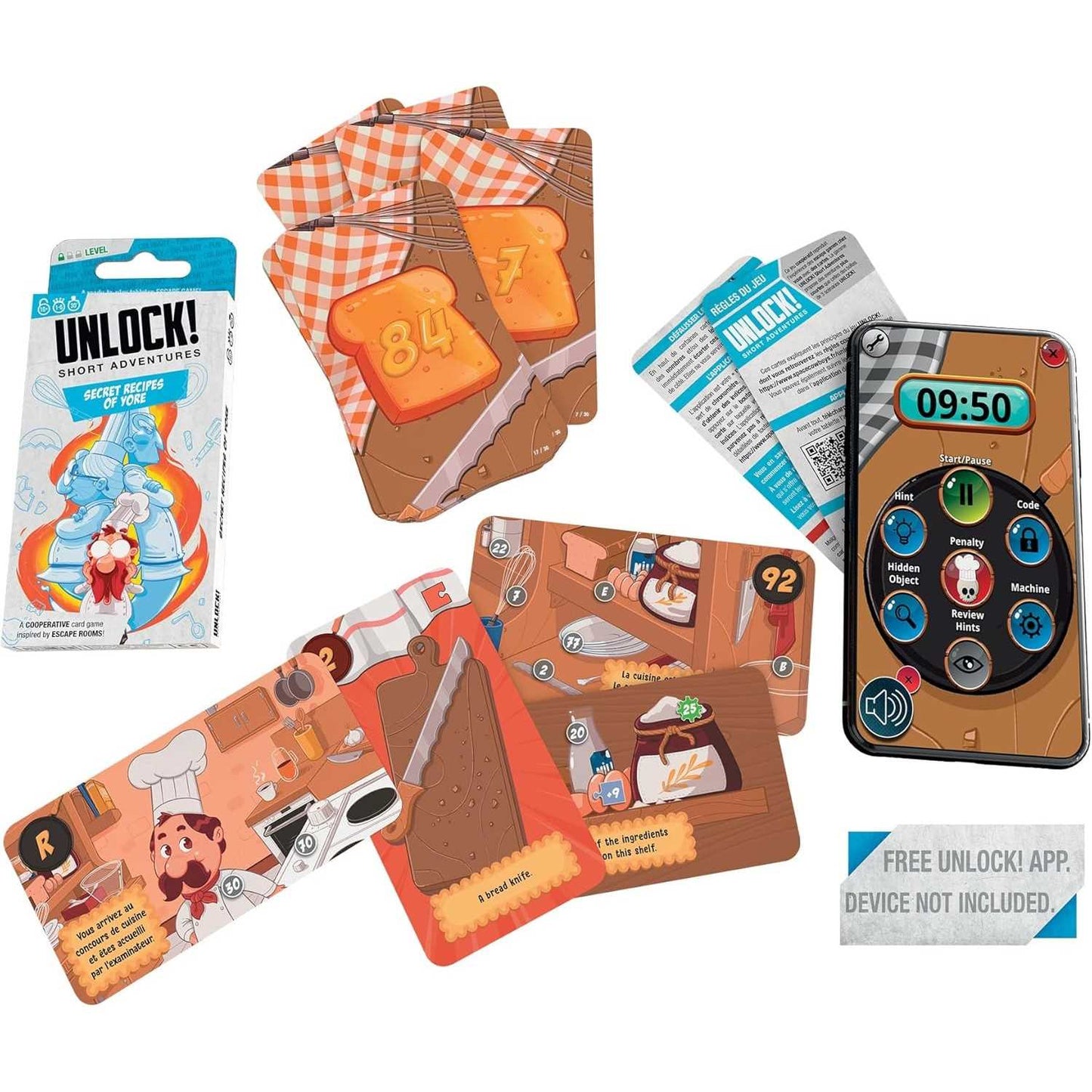 Unlock! Short Adventures – Secret Recipes of Yore cooperative card game components, including cards and app packaging on a white background