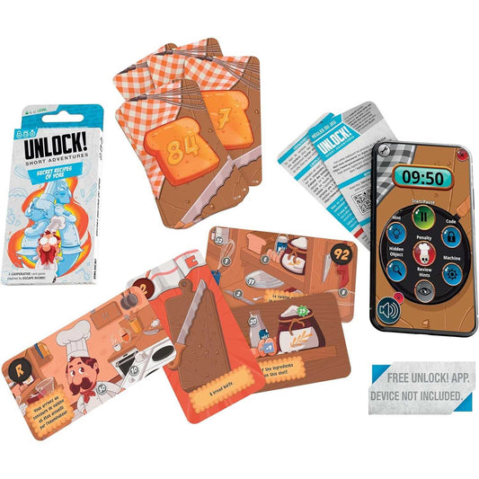 Unlock! Short Adventures – Secret Recipes of Yore cooperative card game components, including cards and app packaging on a white background