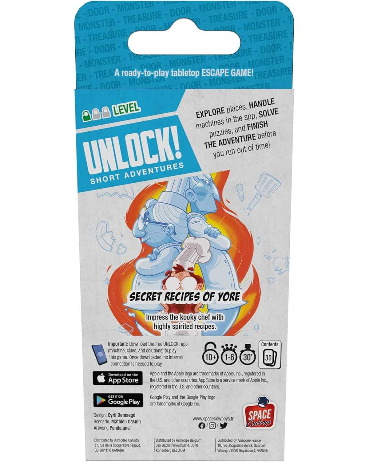 Unlock! Short Adventures – Secret Recipes of Yore cooperative card game packaging with a chef character illustration on a white background