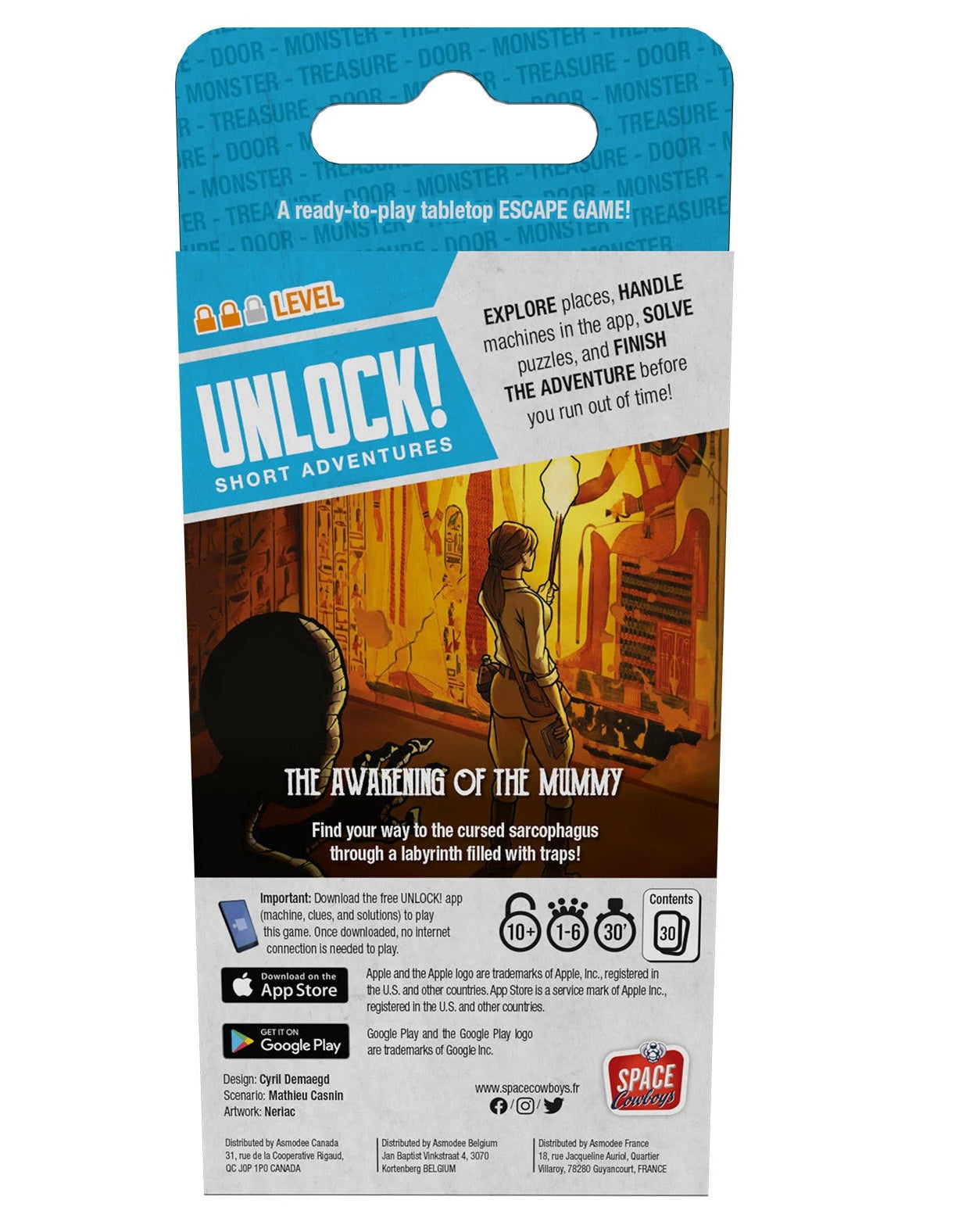 Escape room game packaging with 'Unlock!' branding on a white background