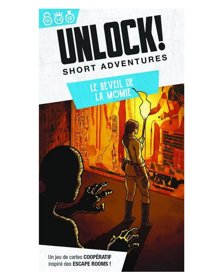 Game box for Unlock! Short Adventures – The Awakening of the Mummy with a character holding a light source in an urban setting.