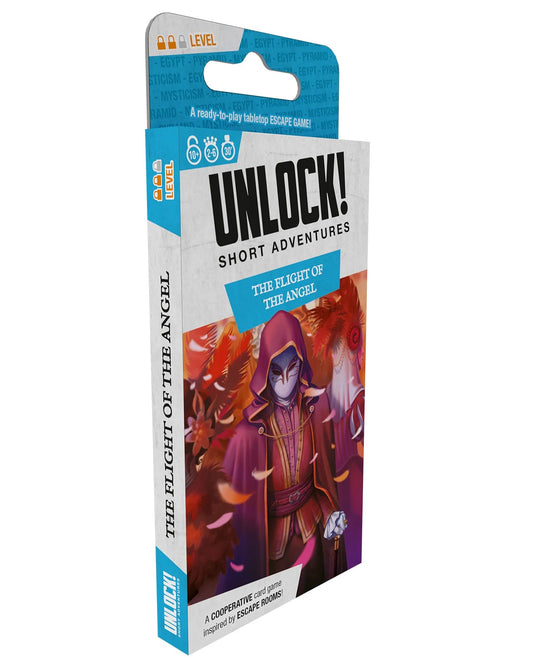 Card game box titled Unlock! Short Adventures – The Flight of the Angel on a white background