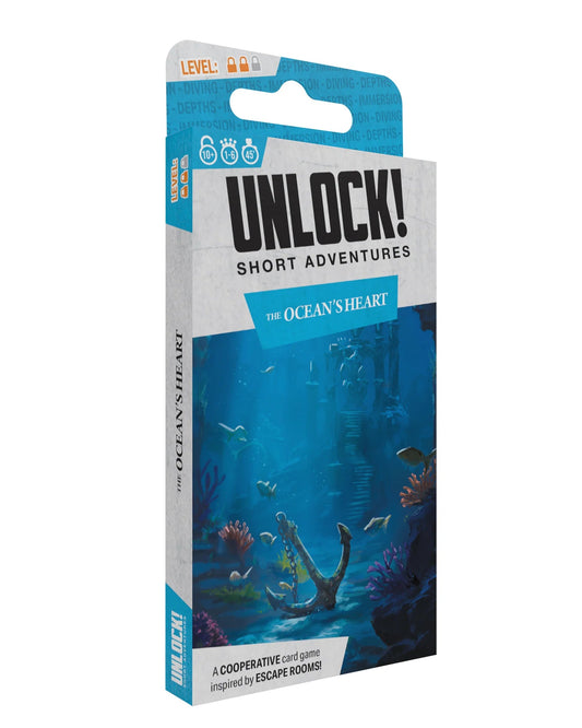 Card game packaging titled 'Unlock! Short Adventures: The Ocean's Heart' on a white background