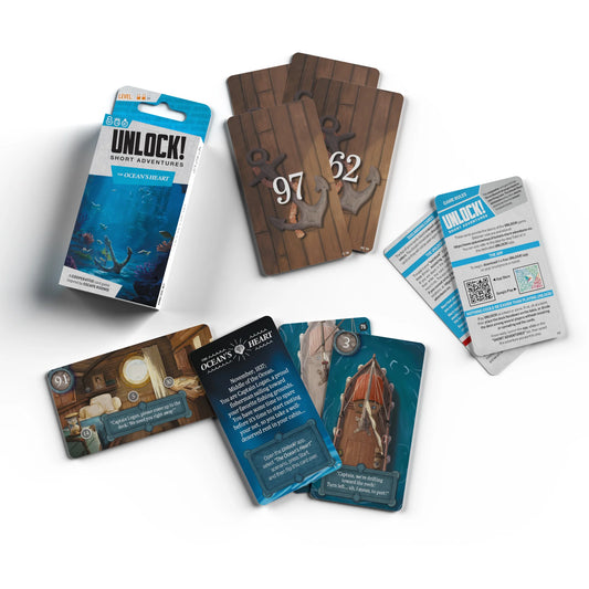 Card game components for Unlock! Short Adventures 12 - The Ocean's Heart, including cards and packaging on a white background