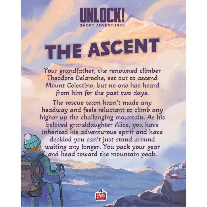 Adventure-themed poster for Unlock! Short Adventures 13 - The Ascent, with mountain landscape and text about a climb, featuring the brand 'Space Cowboys'.