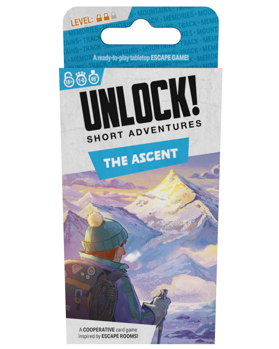 Card game packaging titled 'Unlock! Short Adventures: The Ascent' with a mountain scene on the cover.