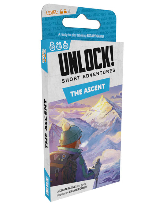 Card game box titled 'Unlock! Short Adventures: The Ascent' with a mountain scene on the cover.