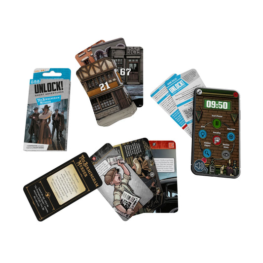 Collection of game cards for unlock-short-the-birmingham-murder with various designs on a white background