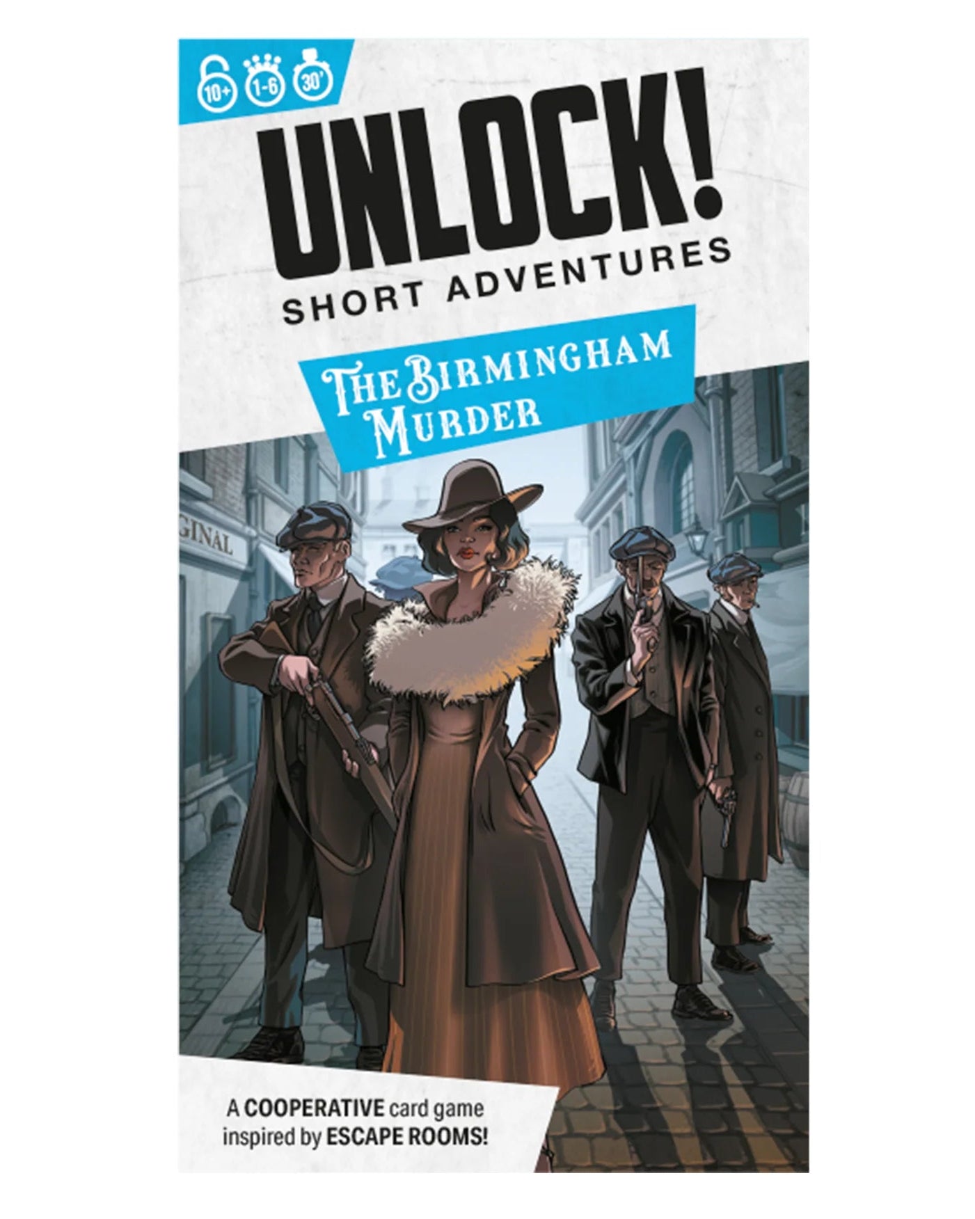 Game box for 'Unlock! Short Adventures: The Birmingham Murder' with characters in vintage clothing on a white background.