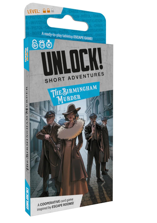 Card game packaging titled 'Unlock! Short Adventures: The Birmingham Murder' on a white background