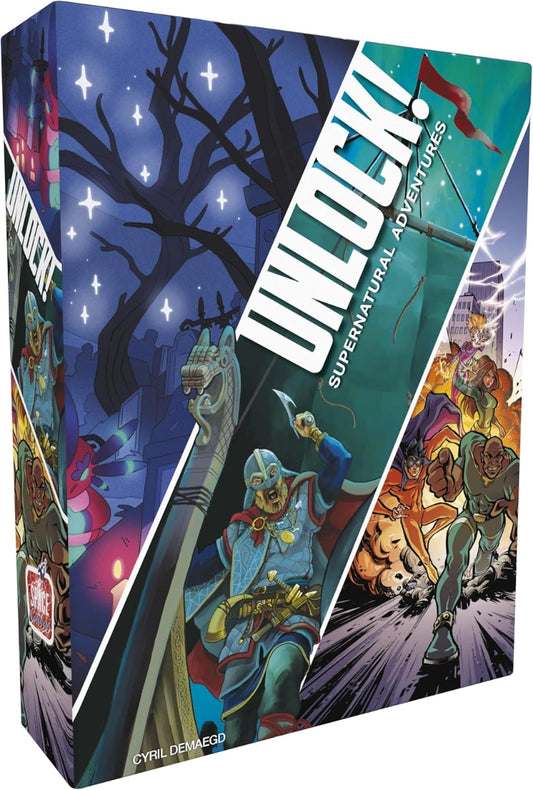 Unlock! Supernatural Adventures game box, with colourful illustrations of characters and a dark forest scene.
