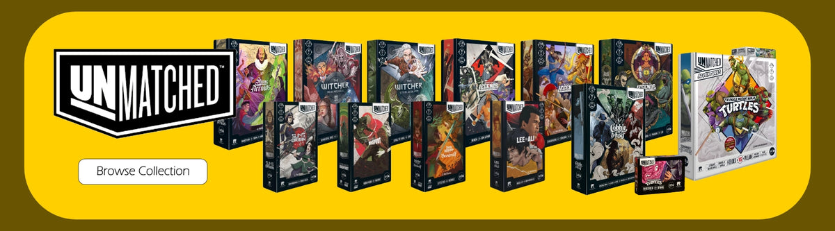 A promotional banner showing a collection of UNMATCHED board games on a yellow background.