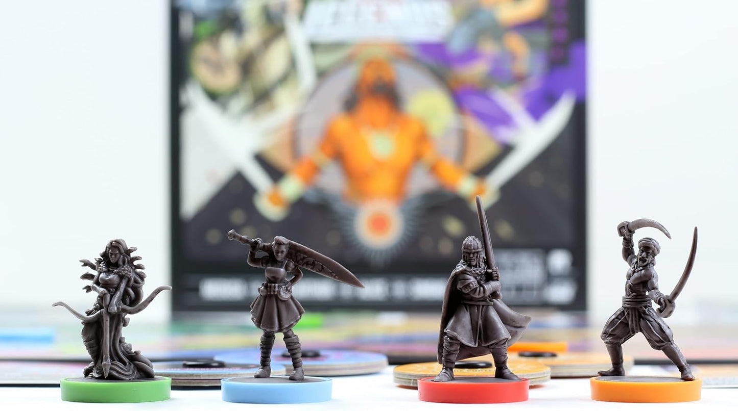 Unmatched - Battle of Legends Vol 1, featuring the game's four legendary heroes: Medusa, King Arthur, Alice, and Sinbad. dynamic depictions of each character in a combat stance, with a mix of fantasy and action elements.